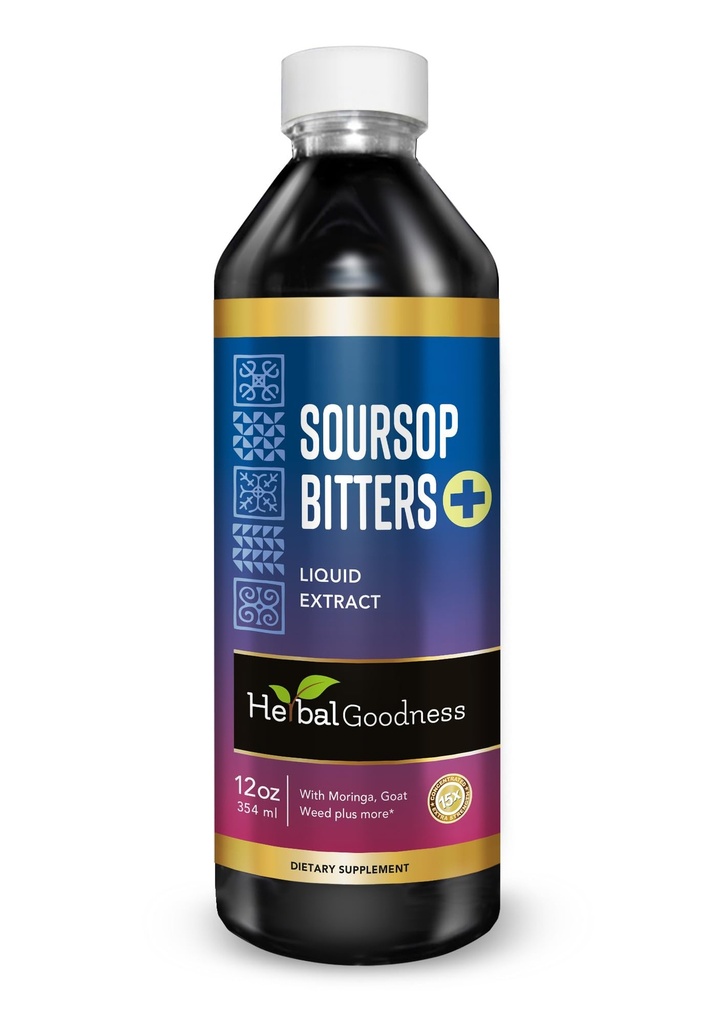 Kräuter Goodness Soursop Bitters Liquid Drops, 10 in 1 mit Moringa, Papaya, Burdock & Ginger, Organic Serene Soursop Bitters - Gut Support & Natural Body Detox Herbal Tonic | Vegan, Non-GMO, 12 Fl Oz