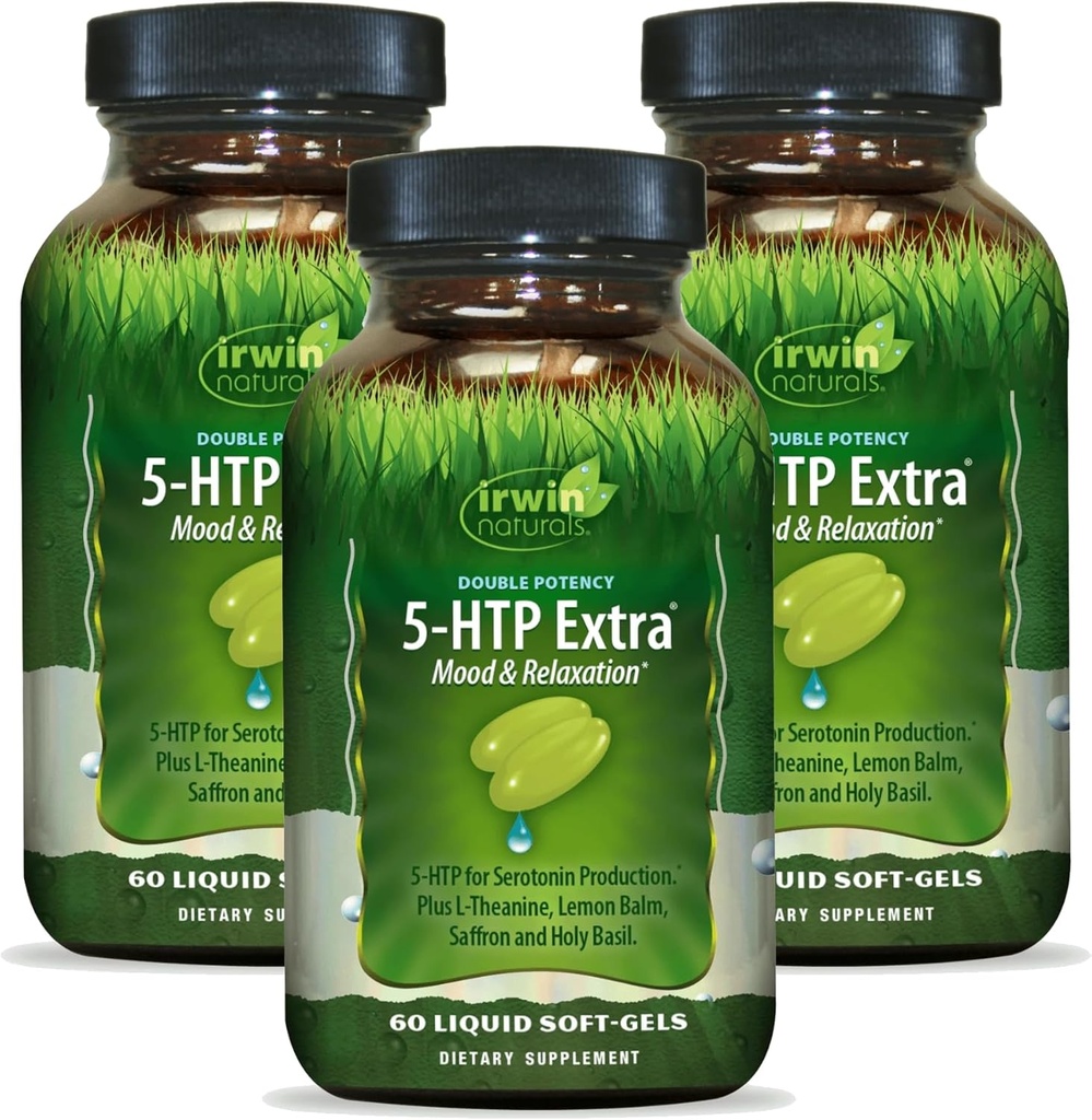 Irwin Naturals Double Potency 5-HTP Extra - 60 Liquid Soft-Gels, Pack of 3 - for Relaxation & Serotonin Production - 90 Total Servings