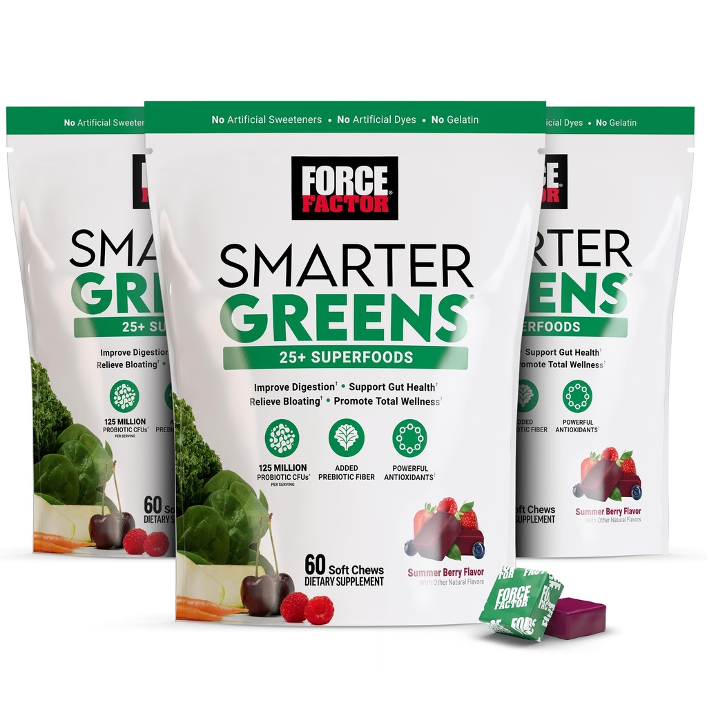 FORCE FACTOR Smarter Greens Superfood Chews, 3-Pack, Greens und Superfoods mit Probiotika, Antioxidantien und Fiber, Greens Supplement zur Unterstützung von Verdauung, Nitric Oxide und Energie, 180 Chews