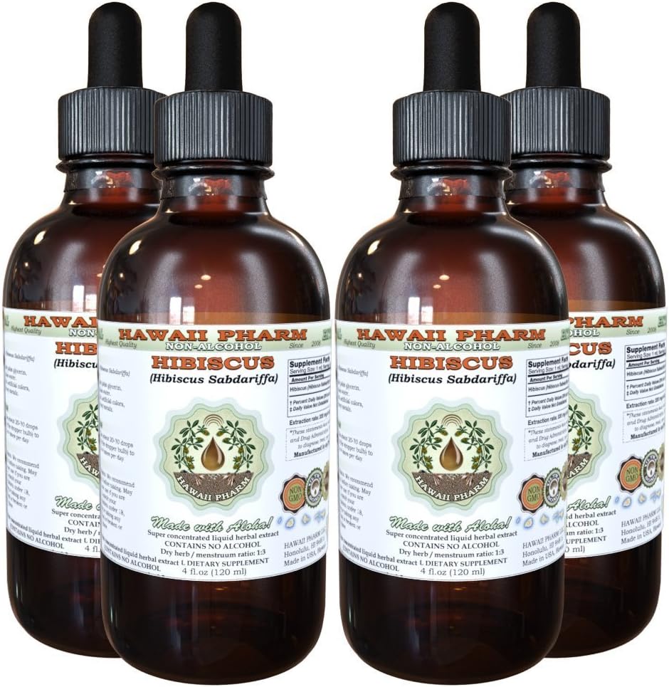 Hibiscus Alcohol-Free Liquid Extract, Organic Hibiscus (Hibiscus Sabdariffa) Getrocknete Blume Glycerite Hawaii Pharm natürliche Kräuterergänzung 4x4 oz