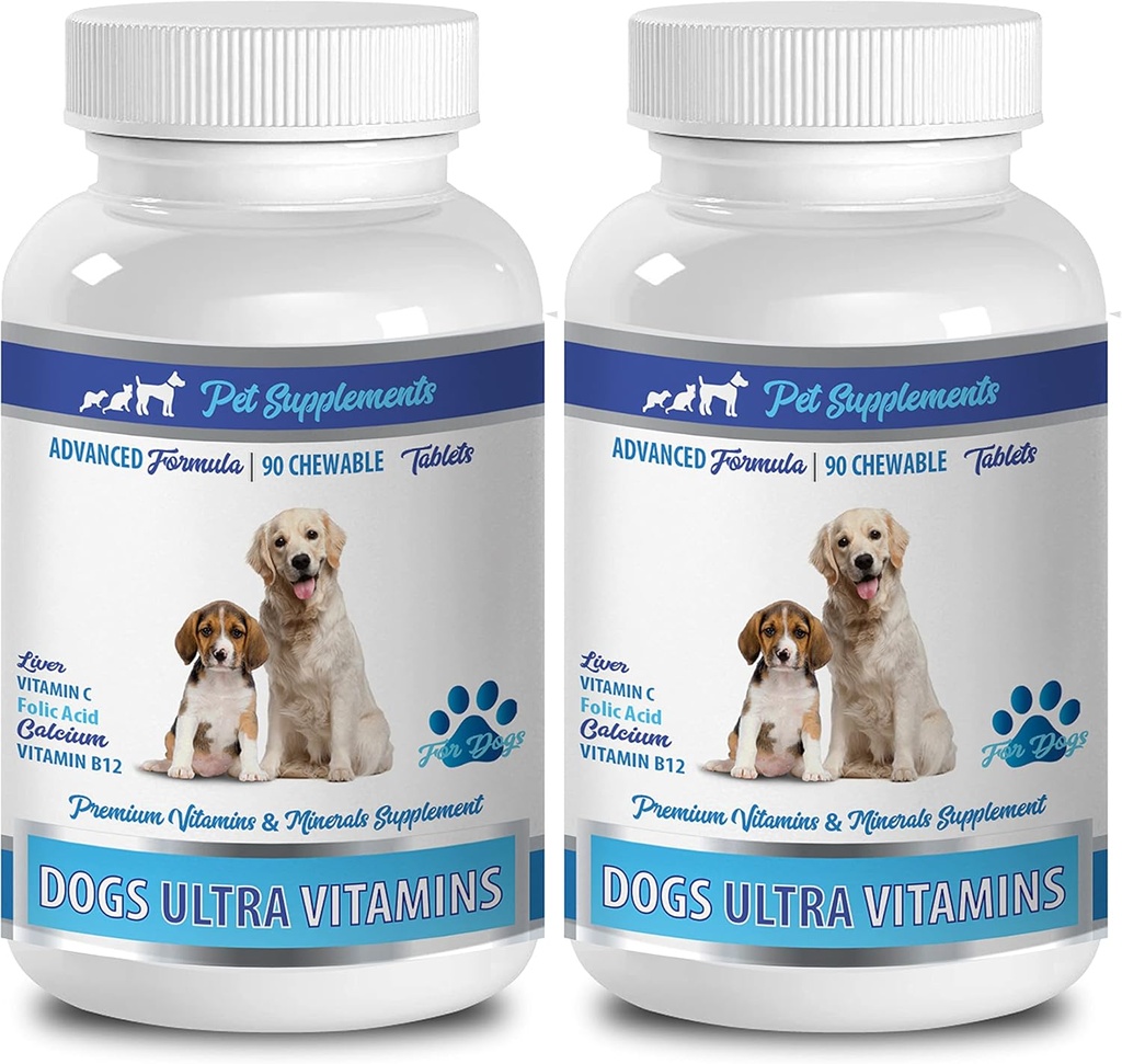 Knochenunterstützung für Welpen - Hunde Ultra Vitamine - CHEWABLE - Fortgeschrittene Formel - Premium Mineralstoffe - Hund Kalzium Knochen - 2 Flasche (180 Stück)