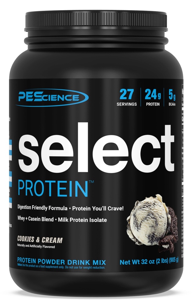 PEScience Select Poudre de protéines, mélange de lactosérum et de caséine, poudre de protéines propres pour les femmes et les hommes, faible teneur en calories, faible teneur en glucides, kéto amical, sans gluten - Cookies et crème - 27 portions