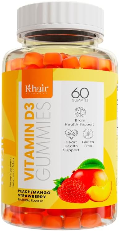 Khair Halal Vitamin D3 Gummi für Knochen & Muskelunterstützung - Non-GMO, Gluten & Gelatin Free, Vegetarisch, Halal-Certified, Natural Mango, Peach & Erdbeer Flavors - 60 Gummie