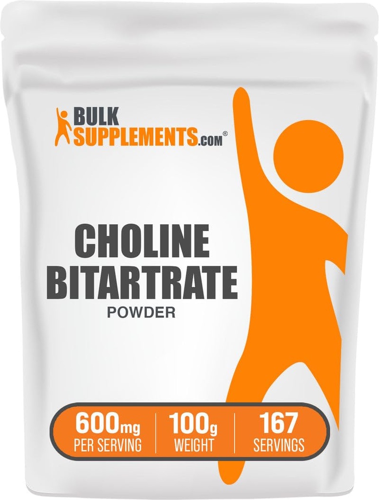 BulkSupplements.com Poudre de bitartrate de choline - Suppléments de choline - Sans goût et sans gluten, 600mg par portion, 100g (3.5 oz) (paquet de 1)
