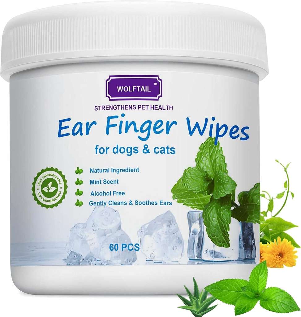 Dog Ear Wipes for Dogs & Cats, 60 Count Large Size - Gently Remove Ear Wax, Debris - Sooths & Deodorizes - Relieve Ear Itching & Inflammation, Fresh Coconut Scent