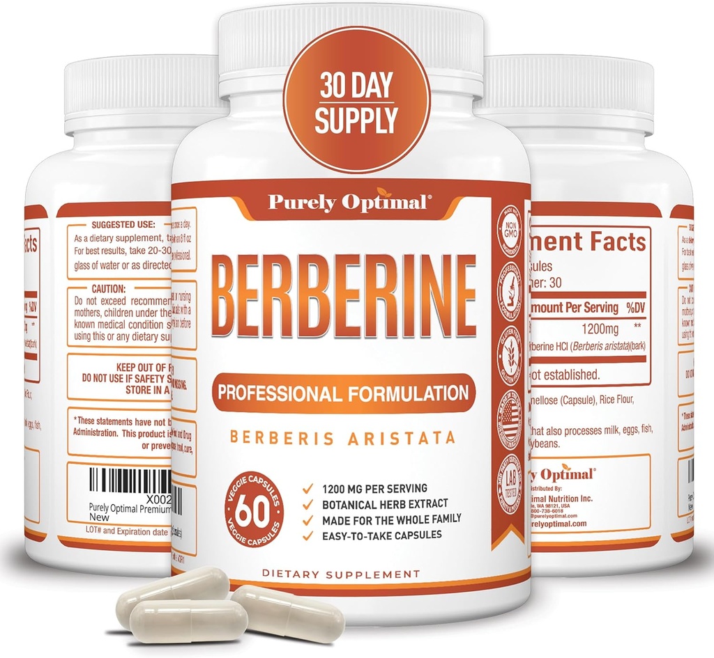 Purely Optimal Berberine HCL 1200mg - High Potency Supplement from Berberis Aristata, Natural Compound, 60 Easy-to-Swallow Veggie Capsules