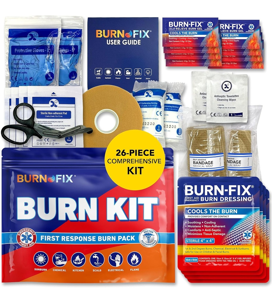 BurnFix® Burn Kit Erste Hilfe für Burns Emergency – 26-Piece Burn Behandlung mit Cooling Gel, Dressings & Handschuhe – Küche, Soburn, Chemical & Scald Relief – Home, Office, Travel