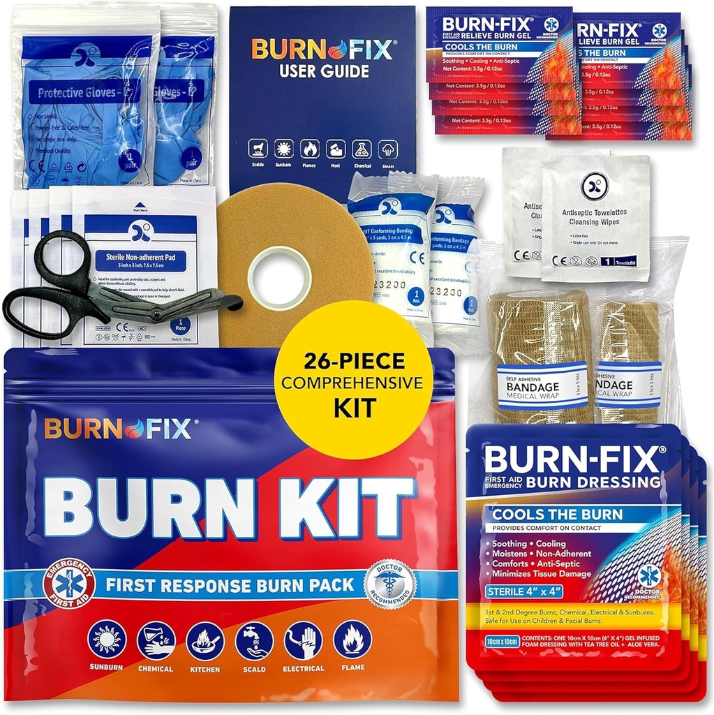 BurnFix® Burn Kit Erste Hilfe für Burns Emergency – 26-Piece Burn Behandlung mit Cooling Gel, Dressings & Handschuhe – Küche, Soburn, Chemical & Scald Relief – Home, Office, Travel