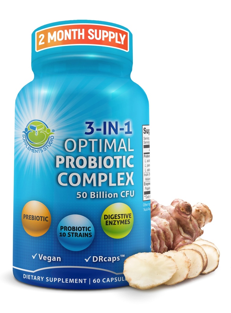 Probiotiques avec enzymes digestives et prébiotiques pour les femmes et les hommes - 3-en-1 Vegan Probiotique Probiotique complexe multienzymes pour la santé Gut - Absorption maximale Capsules de libération retardée