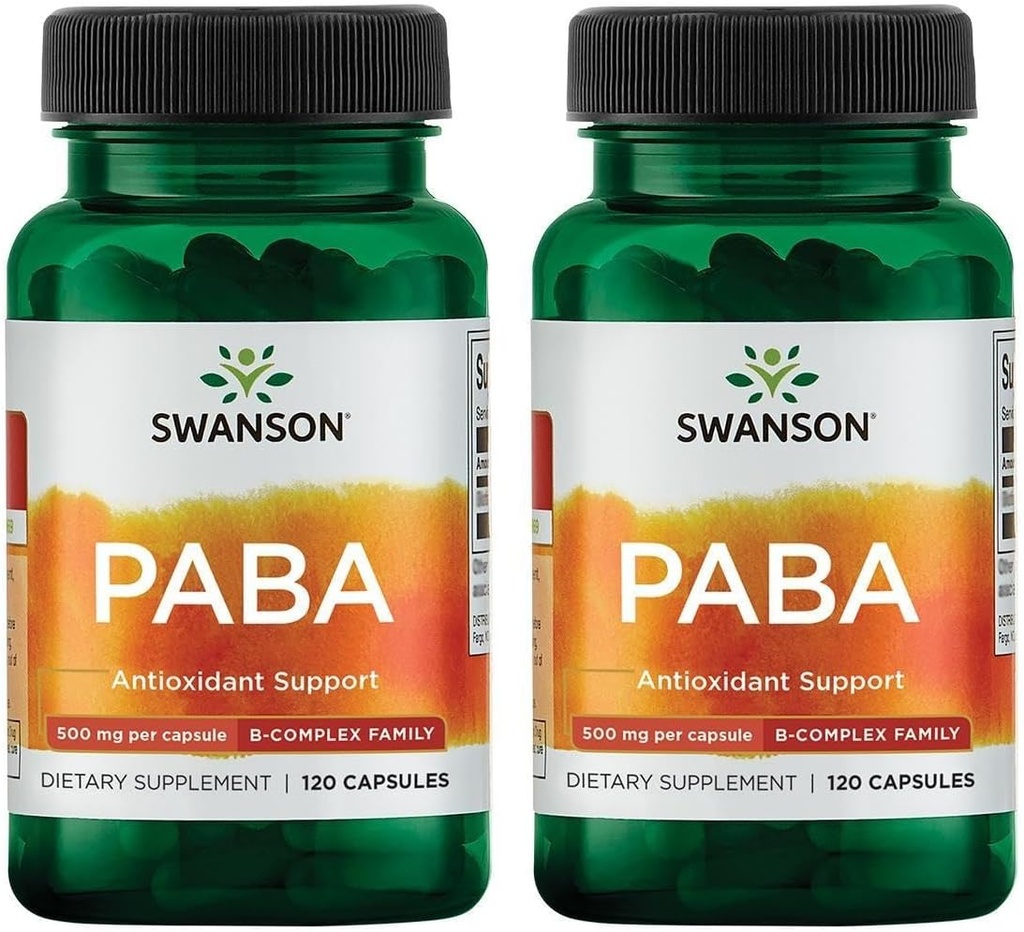 Swanson PABA - Leistungsstarke B-Komplexe Unterstützung der roten Blutkörperchen-Formation - Folsäure-Komponente hilft Sauerstoff zu Zellen und Hautgesundheitsunterstützung - (120 Kapseln, 500mg Jeder) (2 Packung)