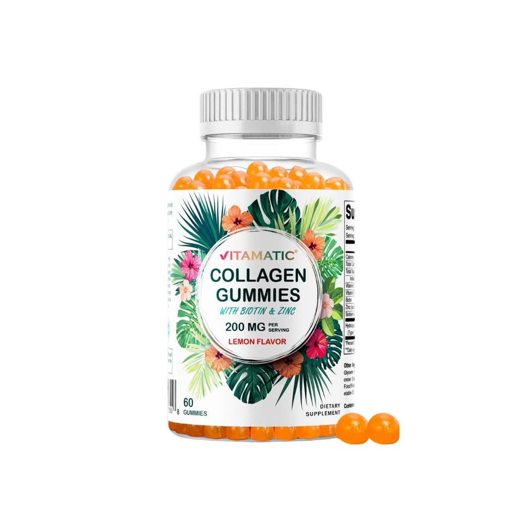 Vitamatic Hydrolyzed Collagen Gummies mit Vitamin C, Zink und Biotin, 200 mg - Gesunde Hautunterstützung - 60 Gummies