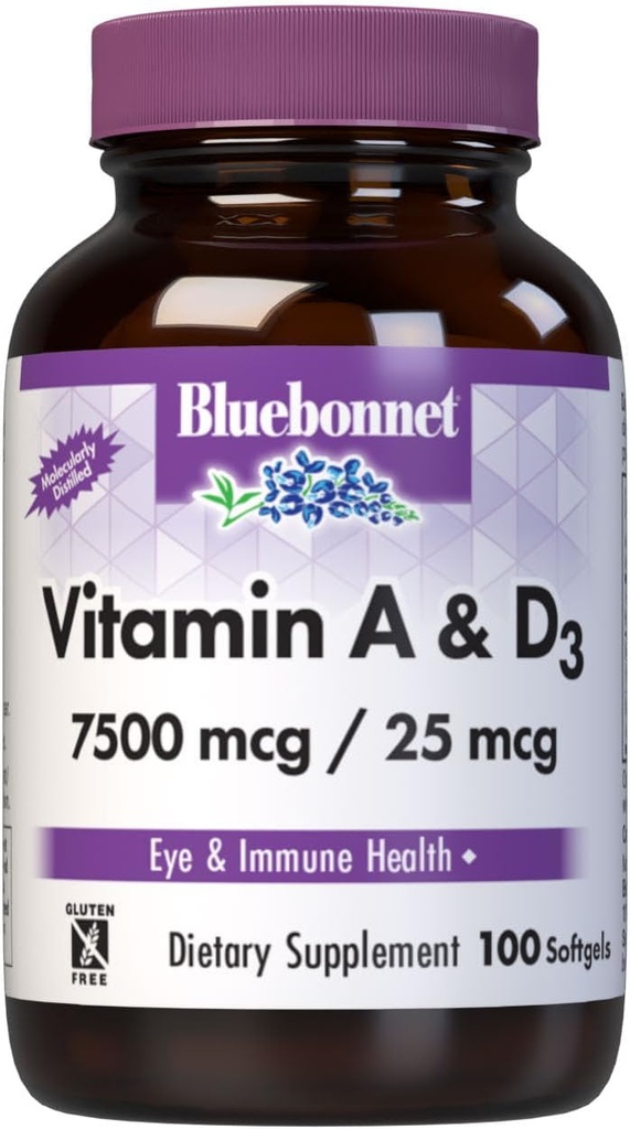 Bluebonnet Nutrition Vitamin A & D3 25.000 IU/1.000 IU aus Tiefsee, Kaltwasser, Fischöl - Für Augengesundheit & Immunfunktion* - Glutenfrei - Molecularly Distilled - 100 Softgel/Servings