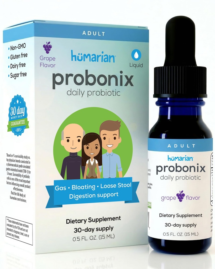 Probonix Humarian Liquid Probiotics for Adults - 12-Strain Probiotische Tropfen, um Gut Gesundheit, Immunität und mehr - 30-Tage Versorgung - Delicious Grape Flavor