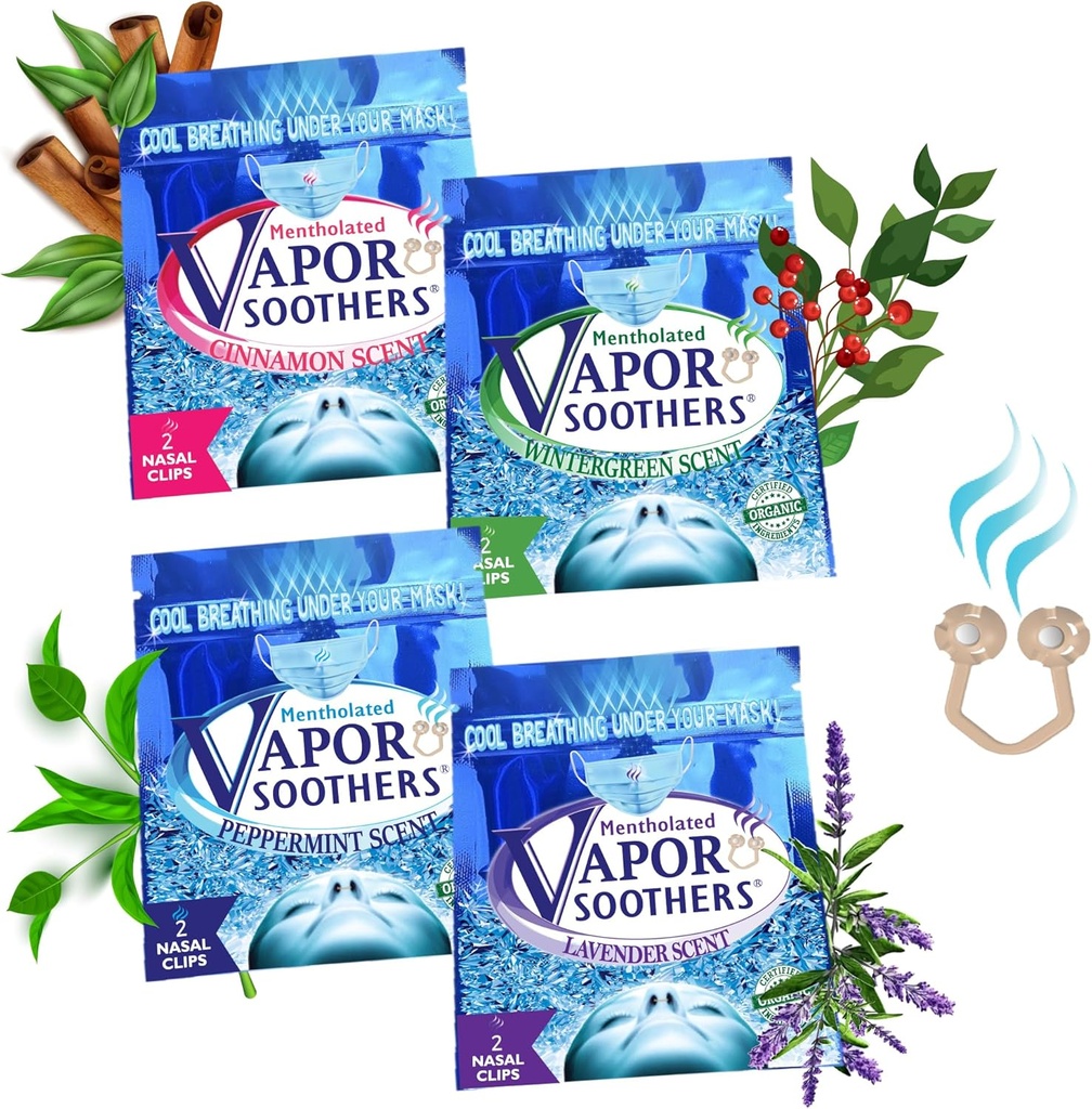 Nasal Dilator Clips, Cool & Easy Breathing unter Ihrer Maske, 4-Scent Variety Pack (Peppermint, Wintergreen, Cinnamon, Lavender), 8 Count, Instant Nasal Congestion Relief, Drug-Free