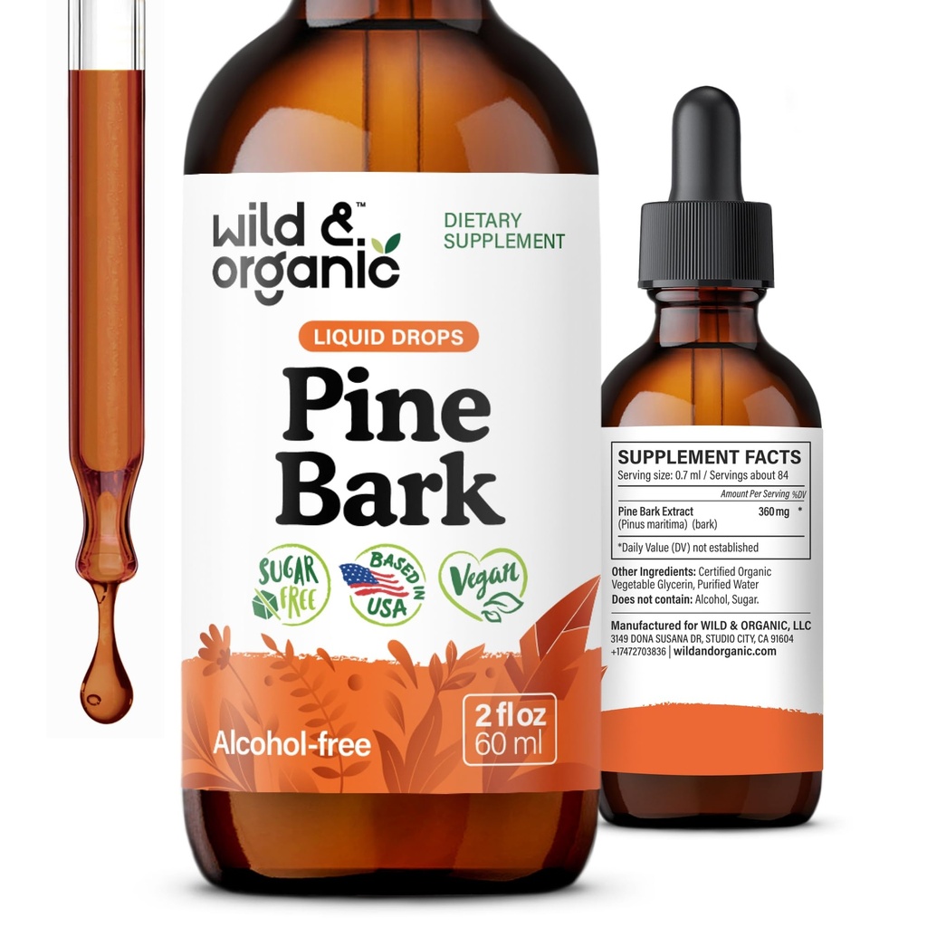 Wild & Organic Pine Bark Extract Tincture - Antioxidans Support - Pinus Pinaster Supplements - French Maritime Bark Liquid Drops - 2-Monats-Versorgung - Vegan, Alkohol & Zuckerfrei - 2 fl oz