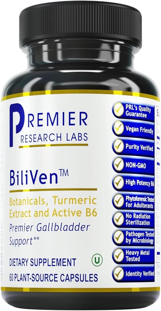 Premier laboratoire de recherche BiliVen - Supplément de nettoyage de la vésicule et du foie, pilules de soutien de la vésicule avec extrait d'artichaut, chardon de lait, vitamine B6, racine de betterave, curcumine, curcumine- 60 capsules végétariennes