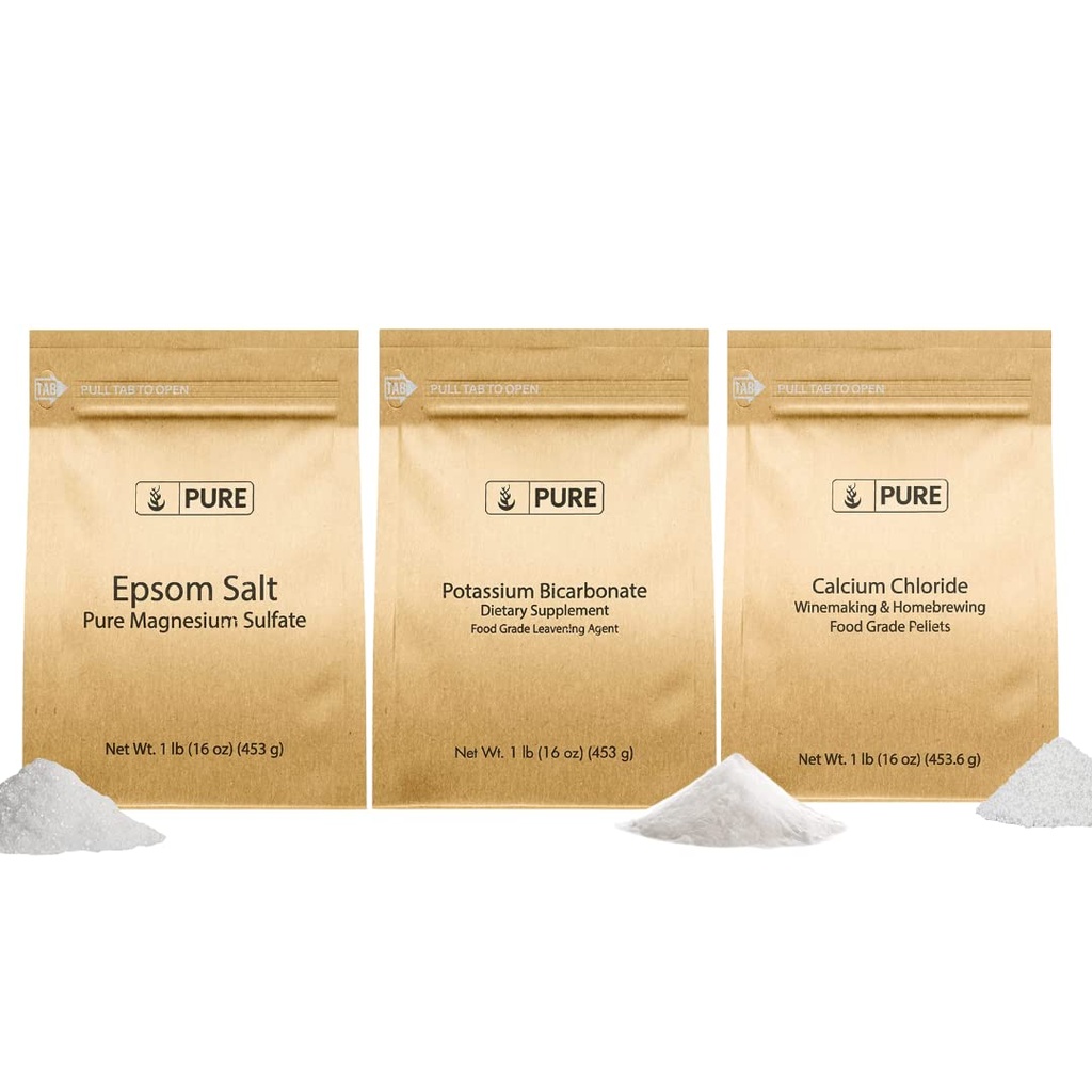 Pure Original Zutaten Kaliumbicarbonat, Calciumchlorid, & Epsom Salz Bundle, (1lb) Lebensmittelsicherheit, Reinigung & Kochen
