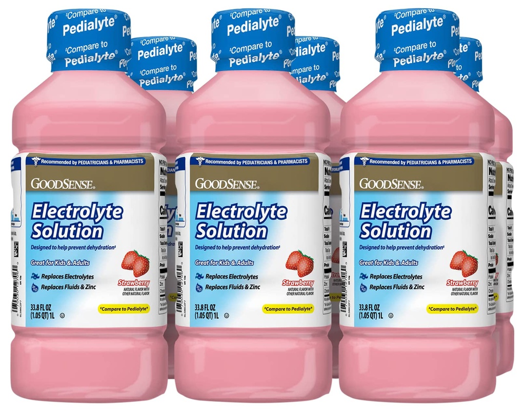 GoodSense Erdbeer-Elektrolytlösung, Ersetzt Elektrolyte, Fluid & Zink, Kinder & Erwachsene, 33.8 Flüssigkeitsunzen (Pack von 6)