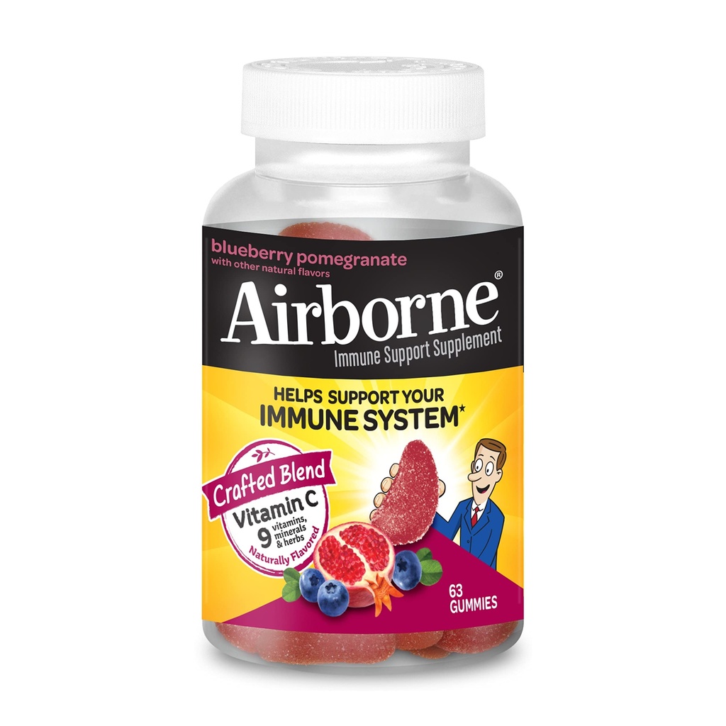 Airborne 750mg Vitamin C Gummi für Erwachsene, Immununterstützungsergänzung mit leistungsfähigen Antioxidantien Vitamine A C & E - 63 Gummie, Blueberry Pomegranate Flavor