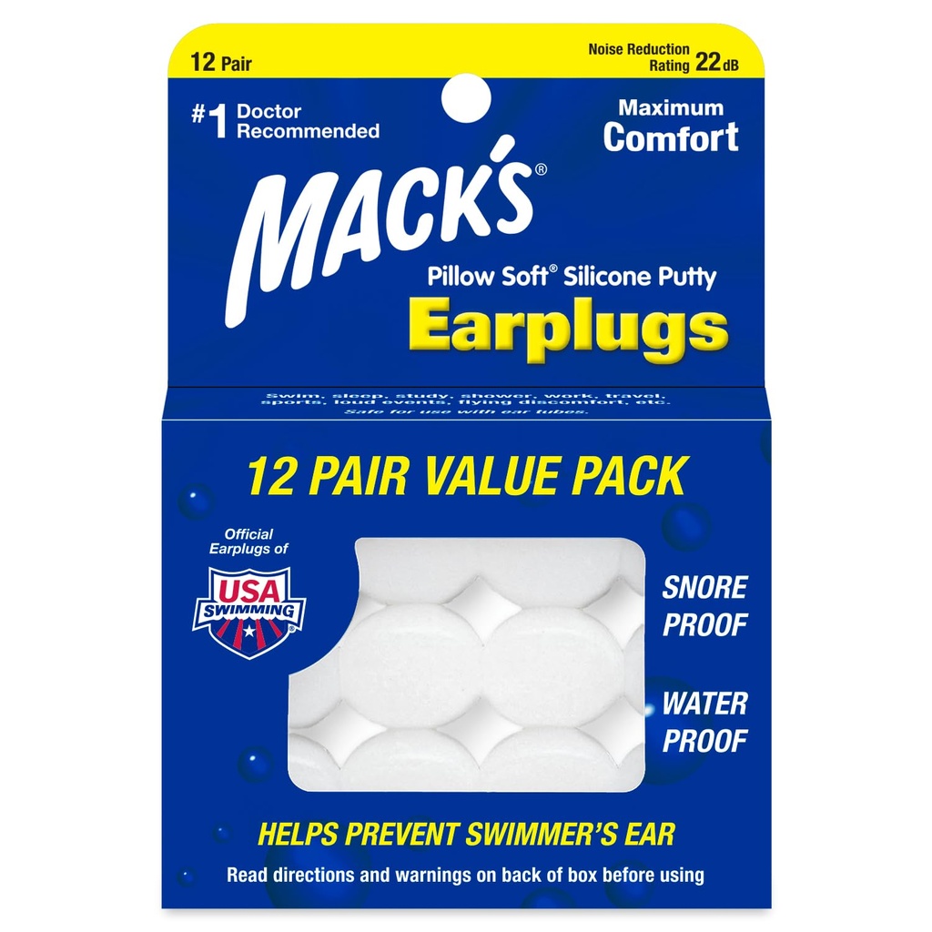 Macks Kissen Weiche Silikon Ohrstöpsel, 12 Paar – Die Original-Form Silikon Putty Ohrstöpsel für Schlafen, Snoring, Schwimmen, Reisen, Konzerte und Studieren | Made in USA