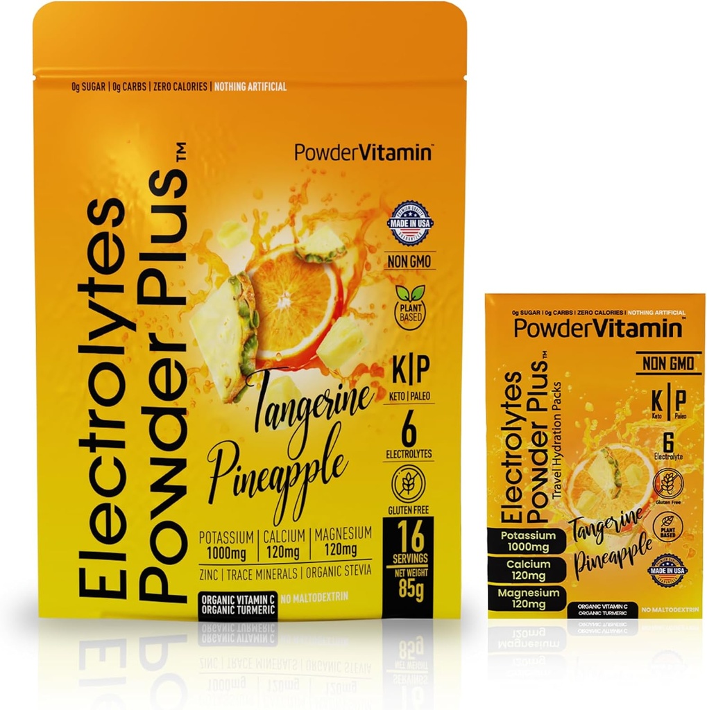PoudreVitamine Electrolytes Poudre Plus, Céto, Ananas Tangerine, Sans sucre, Sel rose d'Himalaya, 1000mg Potassium, 120mg Calcium, 120mg Magnésium, Non-OGM, Calories Zéro, (16 Packets d'hydratation)