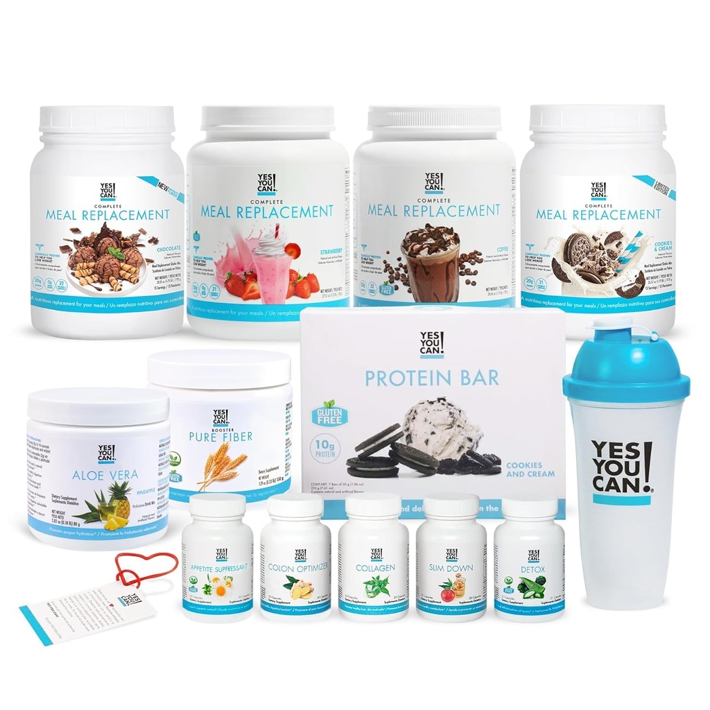 Oui, vous pouvez ! Kit tout-en-un avec substituts de repas, mélange de boissons Aloe Vera, mélangeur de fibres, collations de protéines, suppléments - Kit de bien-être complet
