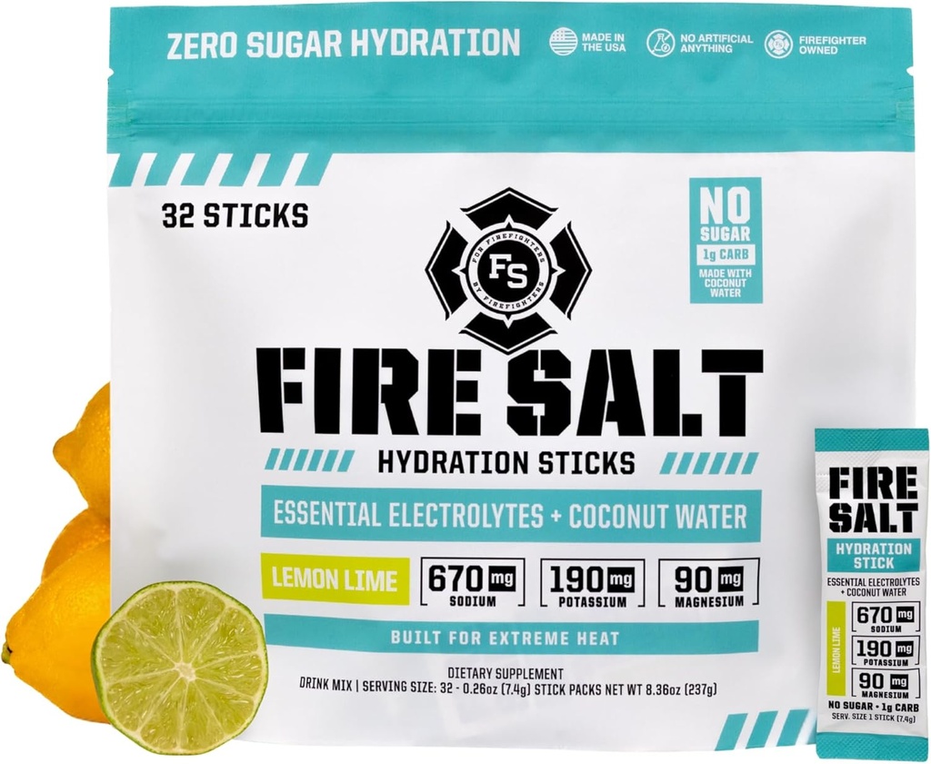 Fire Science Fire Salt Hydratation Sticks, Electrolytes & Eau de noix de coco, Mélange d'hydratation avec Magnésium, Potassium & Sodium, Zéro Sucre, Servir seul sur les paquets de go, Lime citron, 32 Comte