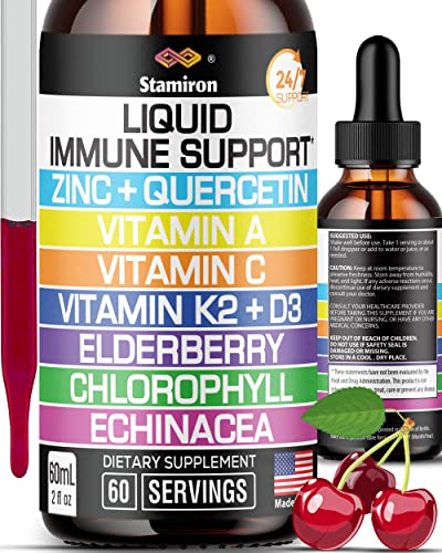Zink Quercetin Vitamin C D3 Flüssige Immununterstützung mit Vitamin A K2 Echinacea Chlorophyll und Elderberry - 9in1 Immune Defense Drops Complex for Immune Health Respiratory Health - 60 Portionen