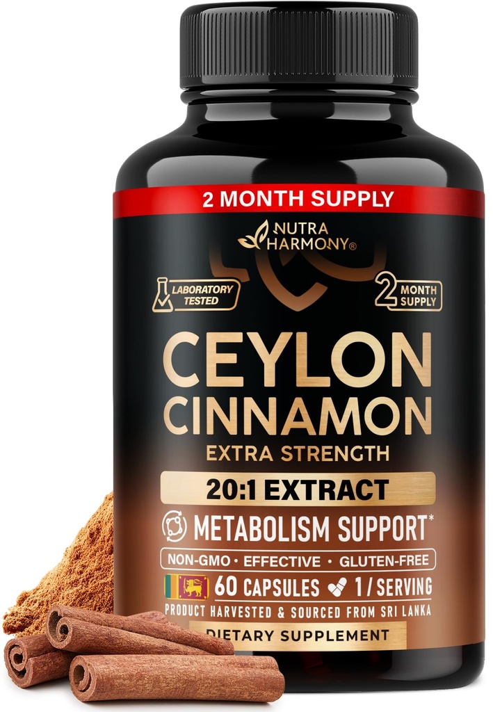 Ceylon Cinnamon Capsules - Extra Strength - Energy Heart & Metabolism Unterstützung für Männer & Frauen - Pure Natural Cinnamon 20:1 Extract Supplement - GMO & Gluten Free - Made in USA - 60 Kapseln 2 Monate