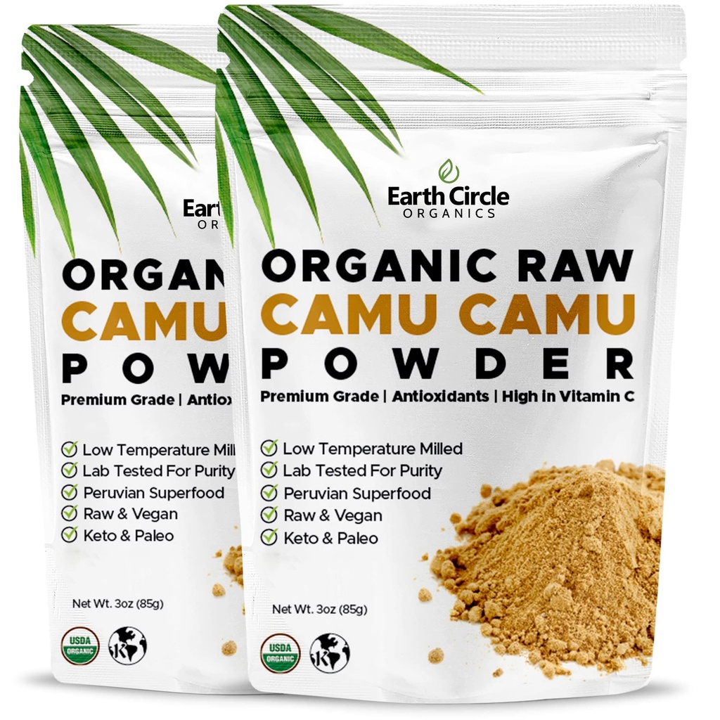 Earth Circle Organics Camu Camu Pulver – Bio Raw Berry Pulver mit natürlichen Vitamin C & Antioxidantien – Vegan, Kosher, Non-GMO Superfood für Immunität & Energie – 3oz (Pack mit 2)