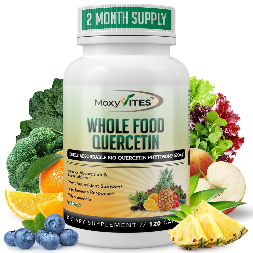 MoxyVites Quercetin avec supplément de 500mg de bromelain - Complexe de phytosomes bioactifs, aliments entiers biologiques purs soutien saisonnier, antioxydant, 20X Absorption et biodisponibilité-120 capsules