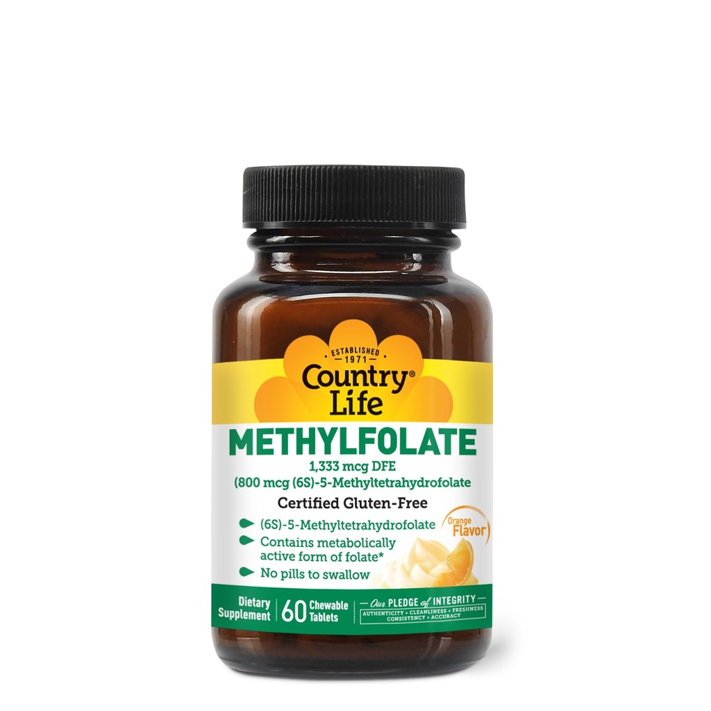 Country Life Methylfolat Kautabletten - Metabolisch aktives Folat - Großartig schmeckender Orangengeschmack - glutenfrei - glatte Schmelzen - Vegan B12 - Frauenvitamine - tägliche Ergänzung - 60 Tabletten