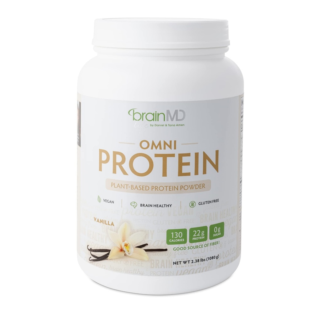 BRAINMD Dr Amen Omni Protein Vanilla - 2,38 lbs - Poudre végétale de protéines - favorise la récupération d'énergie et d'exercice - végétalien, végétarien, sans sucre, sans gluten - 30 portions