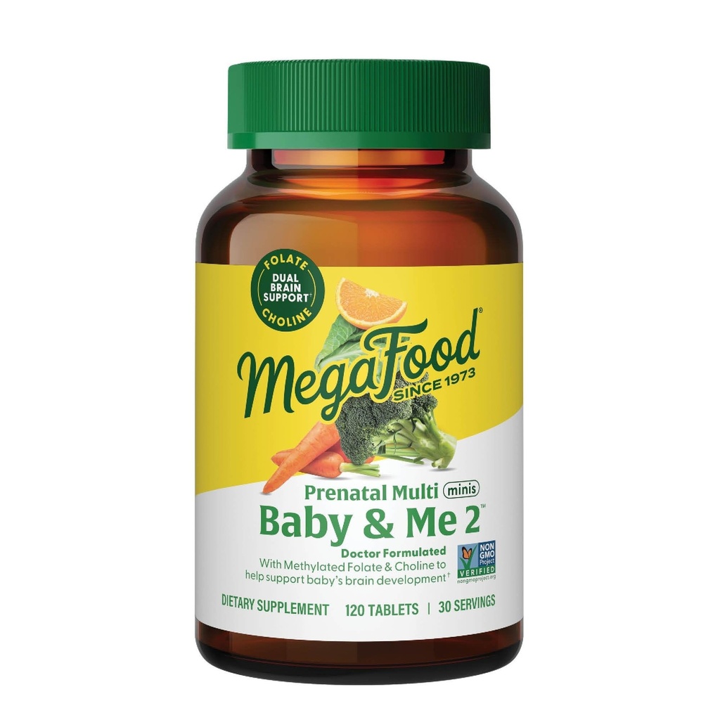 MegaFood Baby & Me 2 Prenatal Multi Minis - Pränatale Vitamine für Frauen mit Choline & Methyl Folate - Glutenfrei, Vegetarisch, Pre Natal Multivitamin für Frauen – 120 Minis Tablets, 30 Servietten