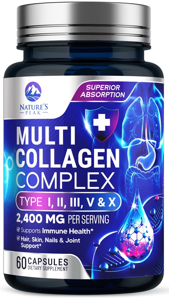 Supplément de peptides multicollagènes pour cheveux, ongles, peau - Type I, II, III, V, X, pilules en poudre de collagène - gazon, hydrolysé pour os et soutien articulaire pour les femmes et les hommes, non-OGM - 60 capsules