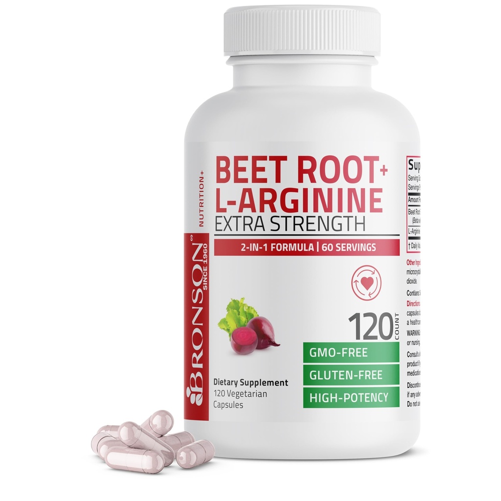 Bronson Racine de betterave + L-Arginine Production d'oxyde nitrique- Non-OGM, 120 Capsules végétariennes