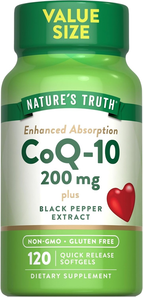 Nature's Truth CoQ10 200mg | 120 Softgels | Hohe Absorption | Non-GMO & Gluten Free Coenzyme Supplement | mit Schwarz Pfeffer Extrakt