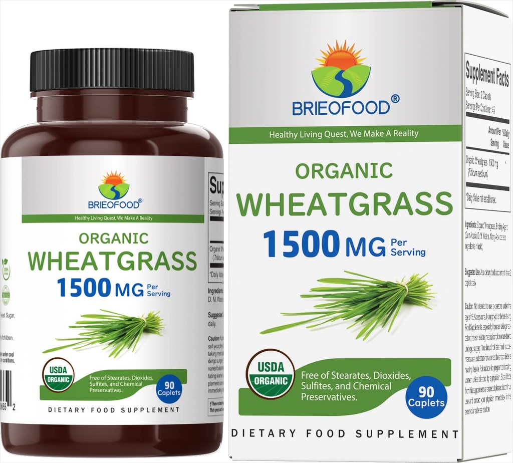 Brieofood Bio Wheatgrass 1500mg, 45 Servierungen, Vegetarisch, Glutenfrei, 90 vegetarische Tabletten