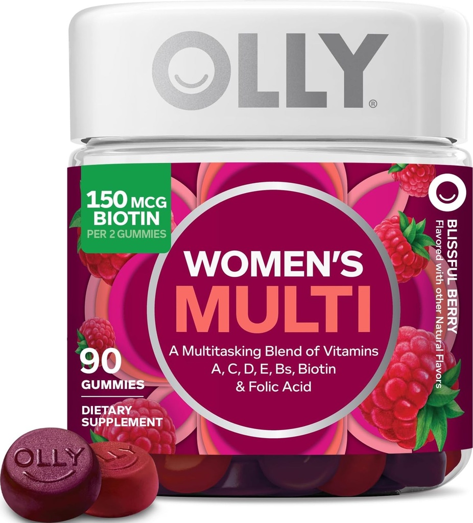 Gummy multivitamines pour femmes, Vitamines A, D, C, E, Biotine, Acide folique, Vitamine à croquer pour adultes, Saveur de baies, 45 jours d'approvisionnement - 90 Nombre