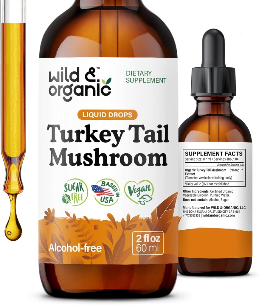 Wild & Organic Türkei Tail Tinkture - Immun- & Gut-Unterstützung - Türkei Tail Pilz Extrakt Tropfen - Vegan, Zucker & Alkoholfreie Flüssigergänzung - 2 fl oz
