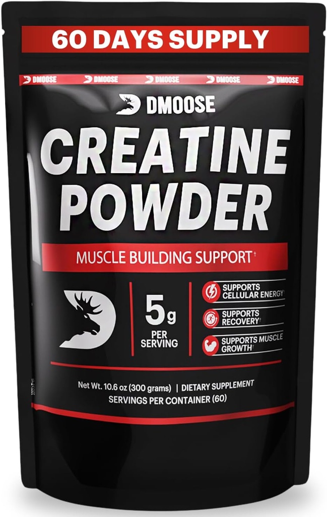 DMoose Creatin Monohydrat-Pulver - Kreatin-Pulver für Muskel-Ergänzung und -Erholung - 300g pro Serv (5g) 2 Scoops - 60 Servietten