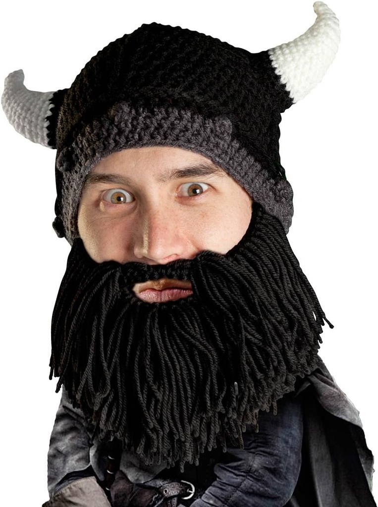 Bartkopf Viking Looter - Original Handgefertigter Strickhelm und abnehmbarer schwarzer Bart
