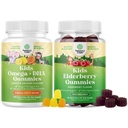 Ensemble de gommes Omega DHA pour les enfants - Acides gras Omega 3 6 9 avec vitamine C pour le cerveau, l'immunité et la vision et Sambucus Gummies pour la santé des enfants avec zinc et vitamine C pour le soutien immunitaire