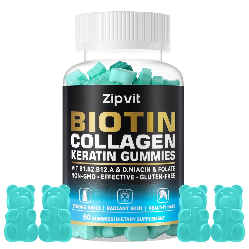 Biotin Collagen Gummies – Haar Haut und Nägel Vitamine für Frauen & Männer – Haarwachstum Vitamine: B1, B2, B3, B6, B7, Collagen, Keratin, Vitamin A & D – Haarwachstumsergänzung – 60 Gummy Bears