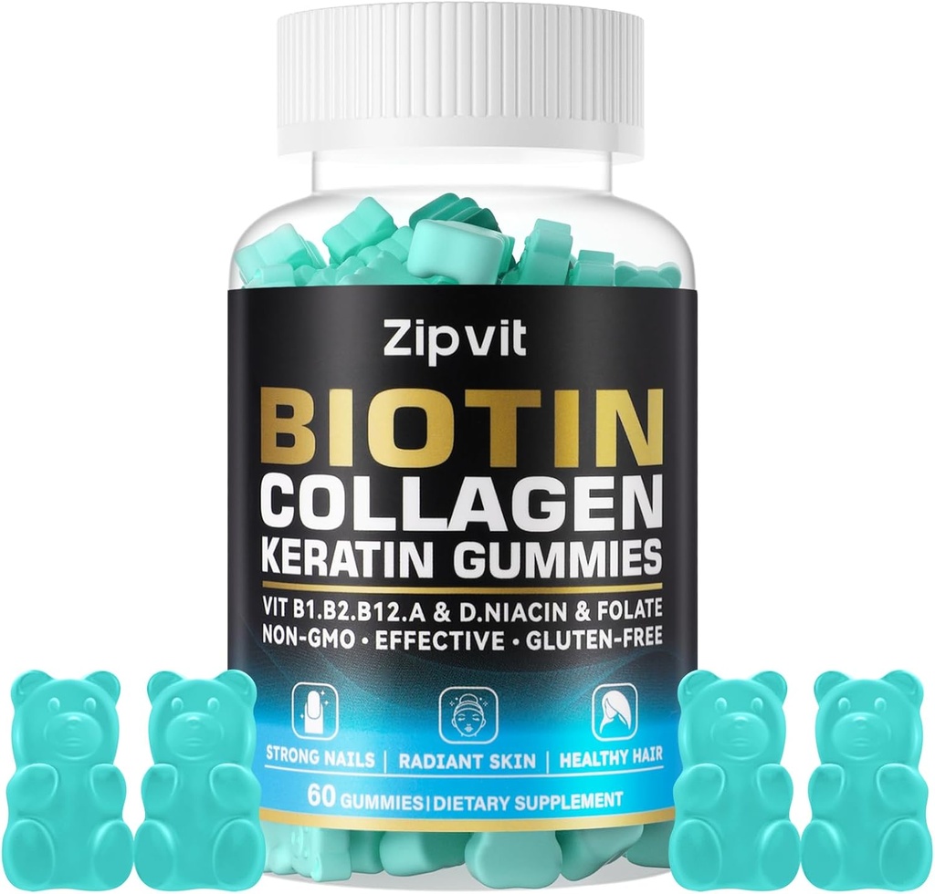 Biotin Collagen Gummies – Haar Haut und Nägel Vitamine für Frauen & Männer – Haarwachstum Vitamine: B1, B2, B3, B6, B7, Collagen, Keratin, Vitamin A & D – Haarwachstumsergänzung – 60 Gummy Bears