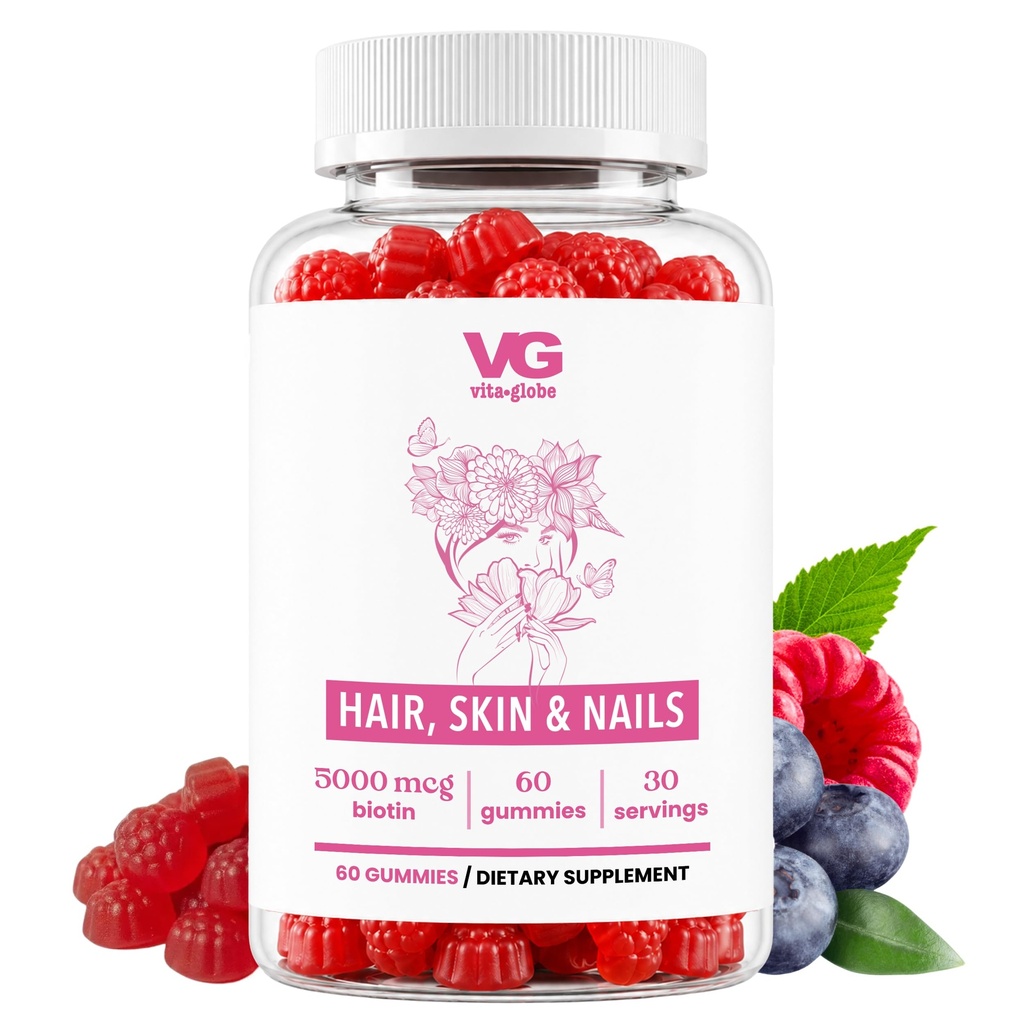 VITA GLOBE Cheveux, peau et ongles + Gommies de collagène – 20 mg avec des vitamines A, C, D, E, B6 et Biotin.