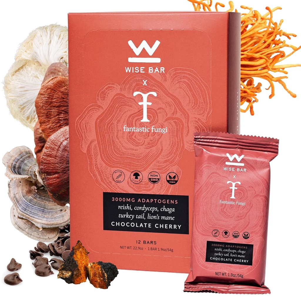 Wise Bar Adaptogen Mushroom Nutrition Bars mit Reishi, Lions Mane & Ashwagandha, Organic Vegan & Gluten Kostenlose Snacks für natürlichen Fokus, Energie &amp; Immunität Unterstützung, Schokolade Kirsche Flavor, 12 Graf