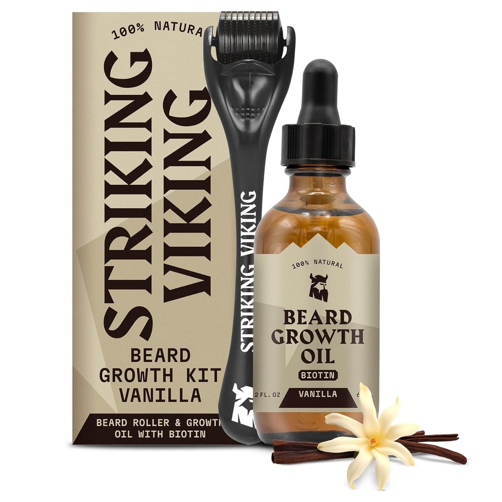 Striking Viking Beard Growth Oil - 2 fl oz, Pack of 1, Vanille - Verdüngendes Bartöl mit Jojoba & Argan Extrakten - Fördert Gesichtshaarwachstum & Ziele Patchy Areas - Biotin Fortified