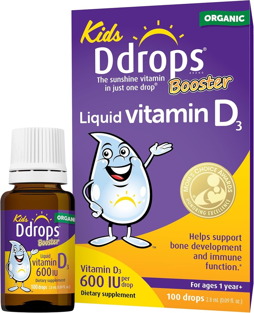 Ddrops Kids Booster 600IU 100 Tropfen - Täglich flüssiges Vitamin D für Kinder. Unterstützt starke Knochen und Immunsystem bei Kindern. Keine Konservierungsstoffe, kein Zucker, Non-GMO, Allergy-Friendly