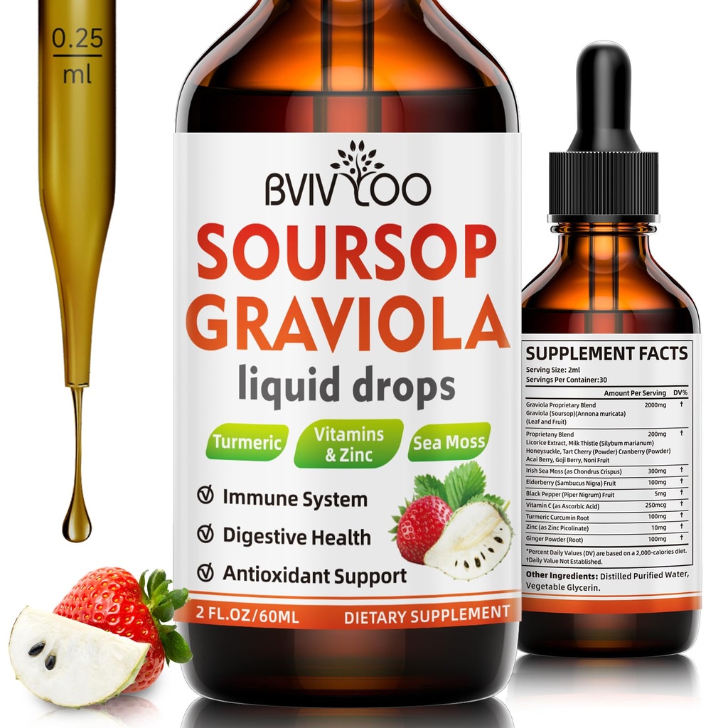 Sourop Graviola gouttes liquides pour le soutien cellulaire et la régénération, Immune Boost, Relax, Foie et Sommeil, Sourop Bitters liquides, sans sucre/gluten, fraises naturelles Flavor - 2 Fl Oz (60ml) bouteille